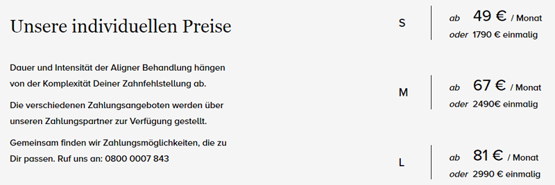 Tabelle mit Übersicht der Kosten für Zahnkorrektur bei DrSmile